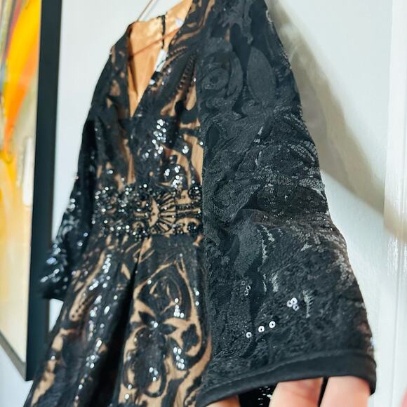 MAC DUGGAL Black Nude Sequin Lace Burnout Embellished A-Line Dress Size 4 NWT - Picture 8 of 16